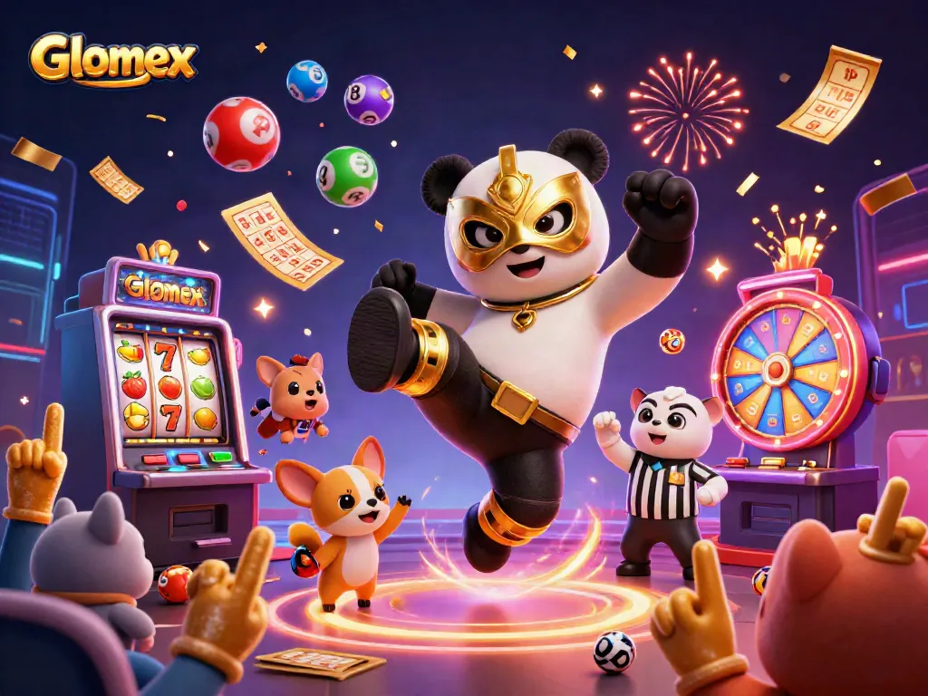 Join the excitement as Glomex showcases thrilling slot machines and animated characters in this vibrant casino scene.