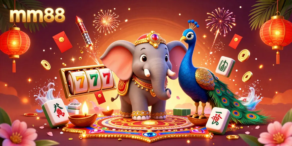 Experience the vibrant charm of mm88 with a colorful illustration showcasing a Diwali-themed elephant and gaming elements.
