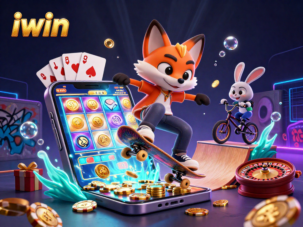 Experience winning moments with iwin in a vibrant casino-themed 3D illustration showcasing gaming excitement.