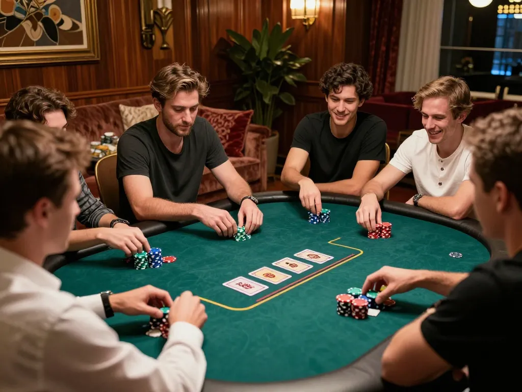 Players engage in a high-stakes Texas Hold'em game at a luxury poker table, showcasing HM88 in action.