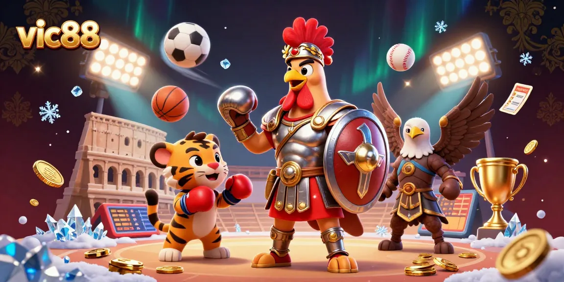 Experience the excitement of vic88 with a vibrant 3D scene featuring a gladiator rooster and sports elements.