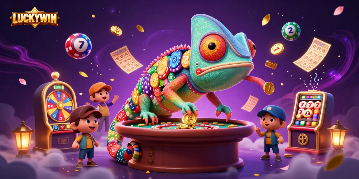 LUCKYWIN chameleon casino owner surrounded by colorful game elements in a dynamic and engaging scene.