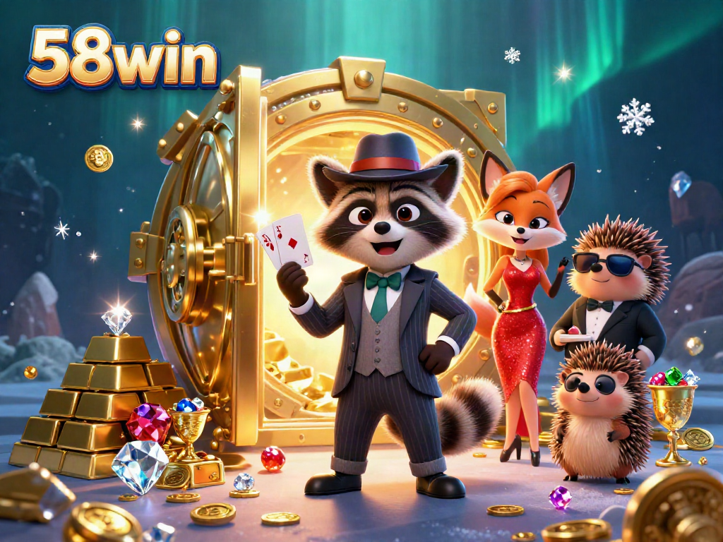 Experience the thrill of 58win with a suave raccoon holding a royal flush among treasures in a vibrant casino scene.