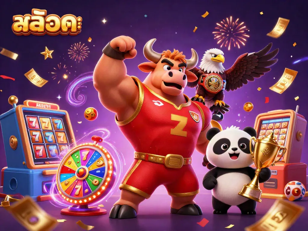 Engage with สล็อตทดลอง through an exciting 3D casino illustration of a bull, eagle, and panda amidst dynamic game elements.