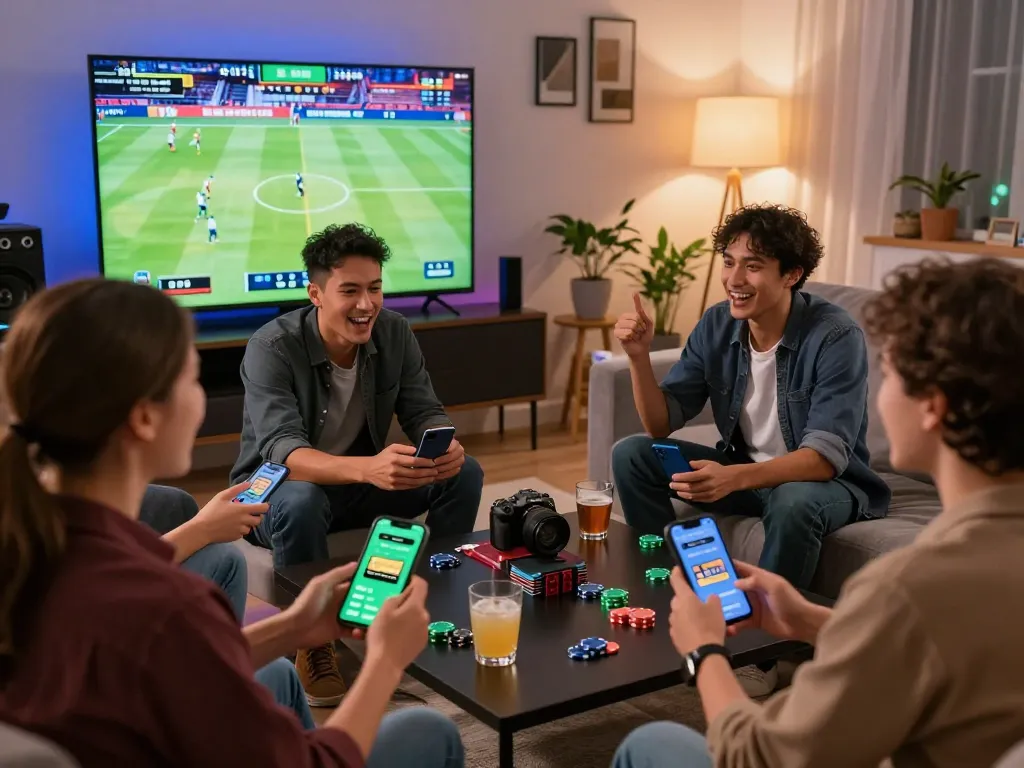 Exciting scene of friends enjoying link vào onbet in a vibrant living room social setting, engaging in sports betting together.