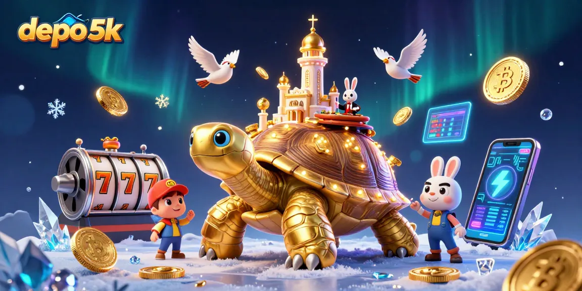 Engage in thrilling gaming experiences at depo 5k with vibrant casino elements and a captivating tortoise character.