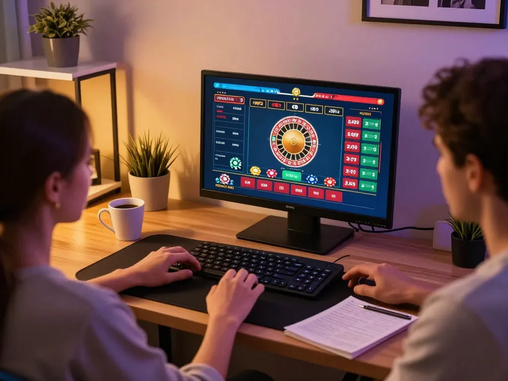 Person playing roulette online at home using CasinoAtlas for strategic insights.