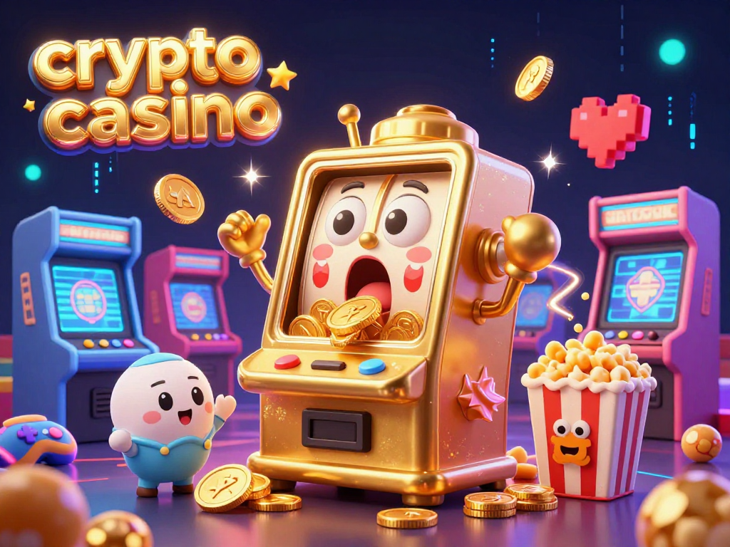 Engaging scene at a crypto casino with a golden slot machine hitting a jackpot as coins overflow.