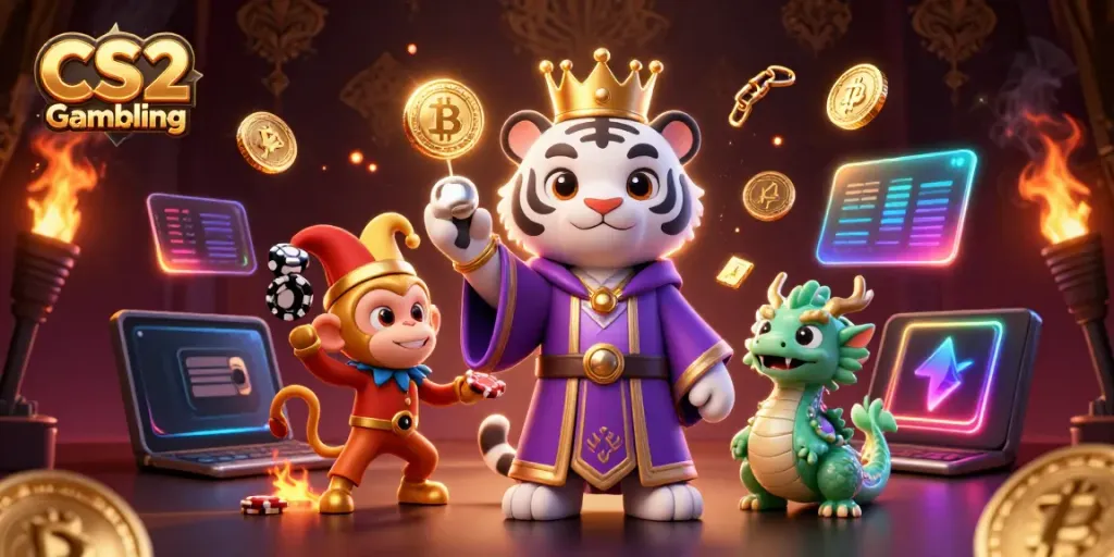 CS2 Gambling scene with a 3D cartoon white tiger, monkey juggling poker chips, and dragon surrounded by crypto coins.