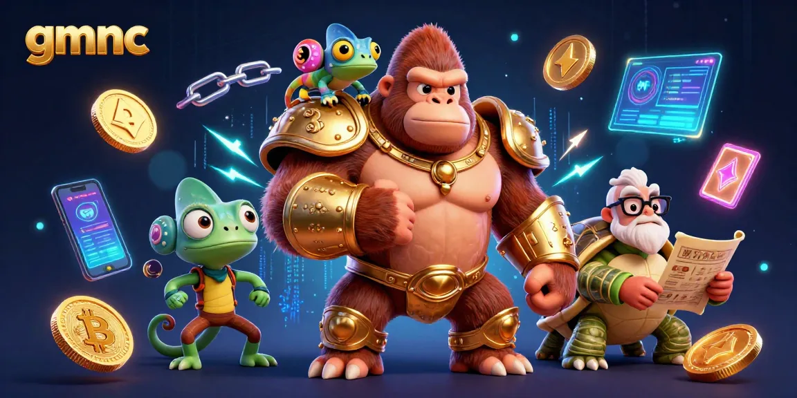 Bet on gmnc with a powerful gorilla king, crypto elements, and gambling wisdom.