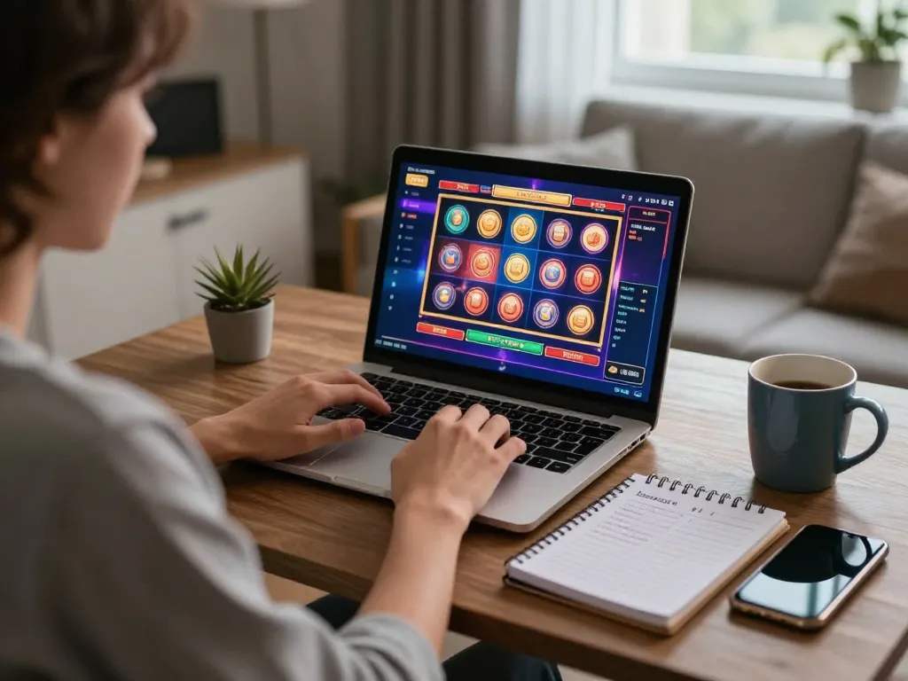 Player enjoys slot games at Nhà Cái SC88 with strategic notes in a cozy home setting.