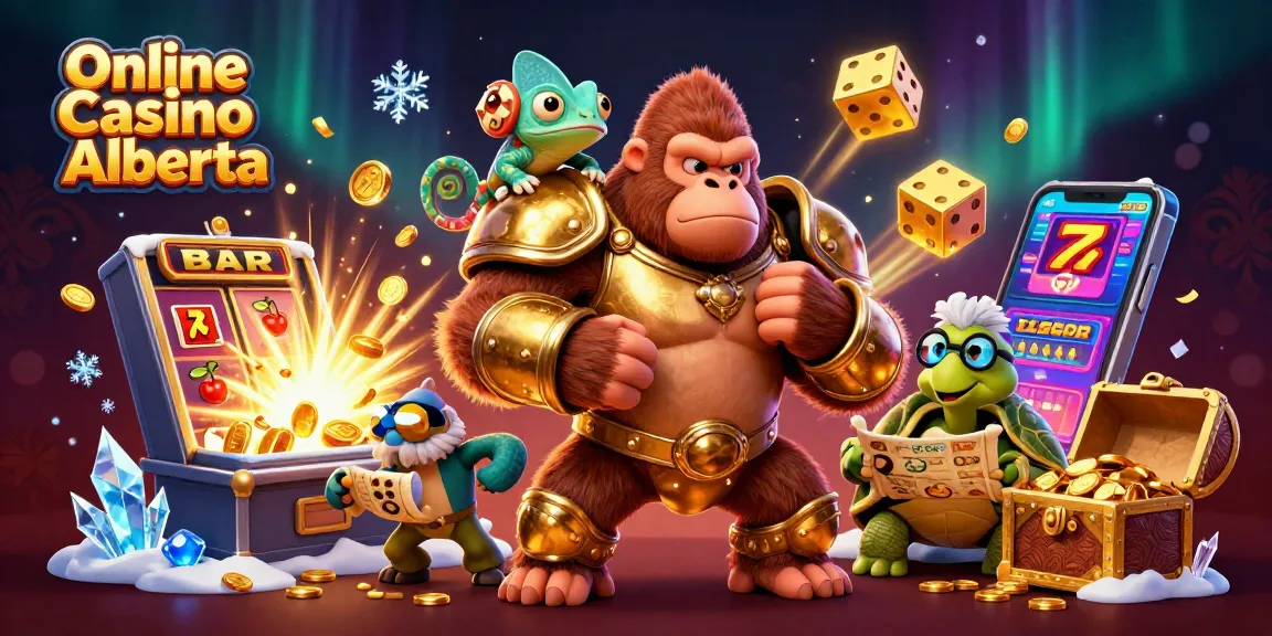 Engage with Online Casino Alberta’s vibrant 3D scene showcasing a gorilla king, chameleon, and tortoise amid a jackpot explosion.