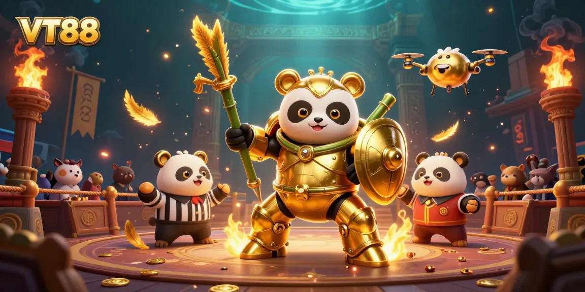 VT88's engaging casino scene with a golden panda, vibrant elements and tokens.