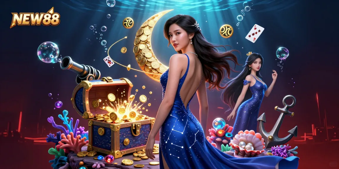 Engage in thrilling gameplay and explore NEW88, featuring a stunning Asian woman amidst vibrant casino elements.