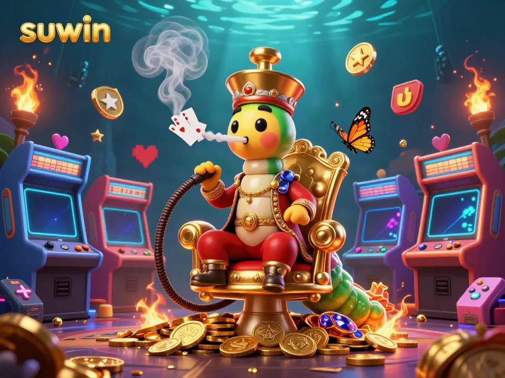 Experience suwin's vibrant gaming universe with 3D characters amidst colorful casino elements.