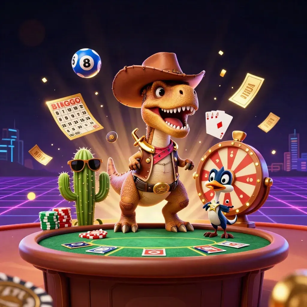Cowboy T-Rex trio bursts over poker felt with glowing balls, wheel, chips, and royal casino lights.