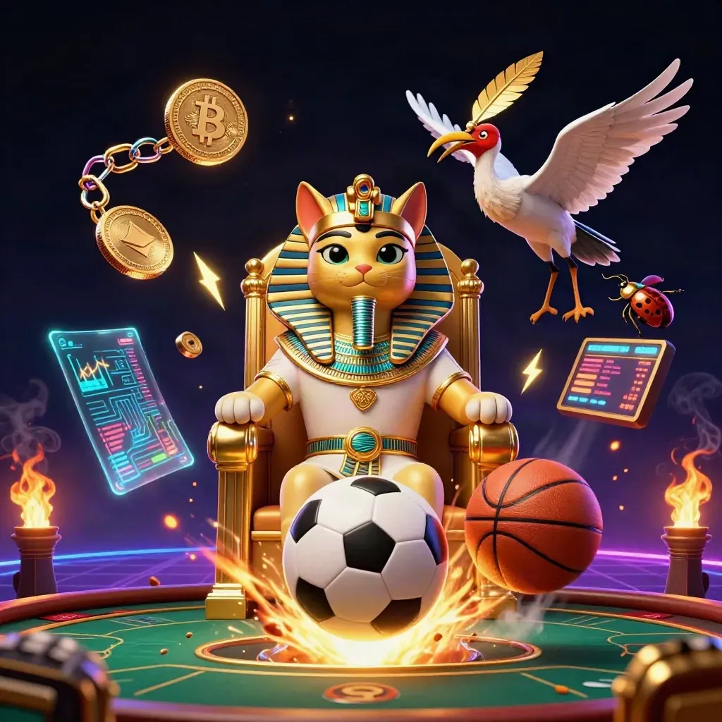 Pharaoh cat, ibis scribe and gem-wing scarabs amid coins, balls and neon casino light.