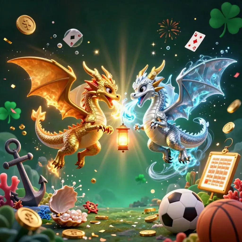 Gold and silver dragons clash amid treasure, cards, and glowing fire-ice energy.