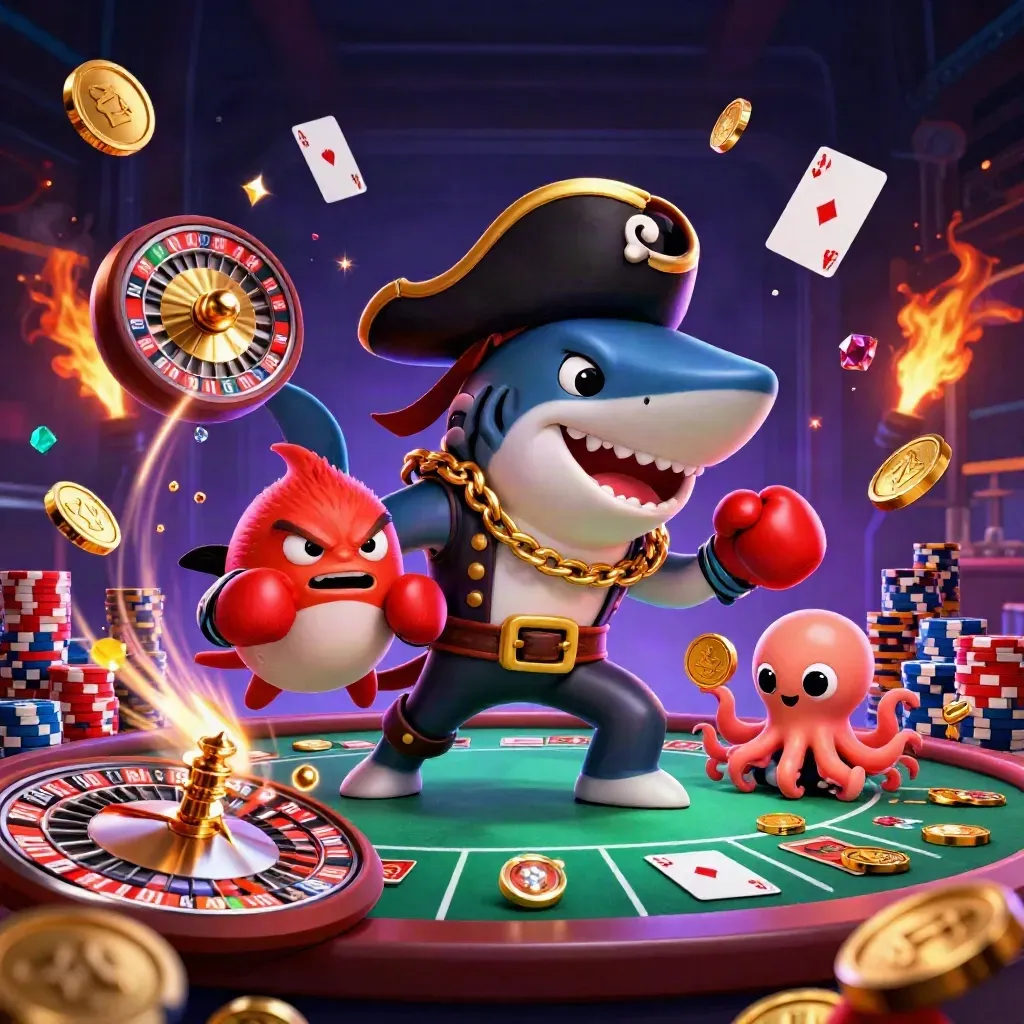 Pirate shark, boxing pufferfish, and coin-juggling octopus in a luxe casino scene with spinning roulette and gold coins.