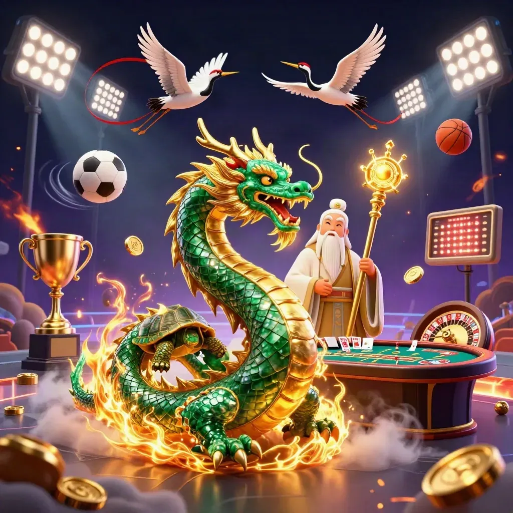 Dragon, turtle sage, cranes, casino lights, sports balls, coins, and a neon grid.