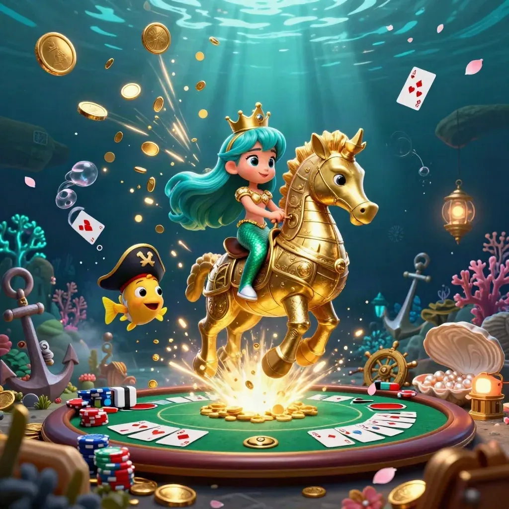 Mermaid princess on a seahorse amid gold coins, cards, chips, coral, and pirate fish underwater.