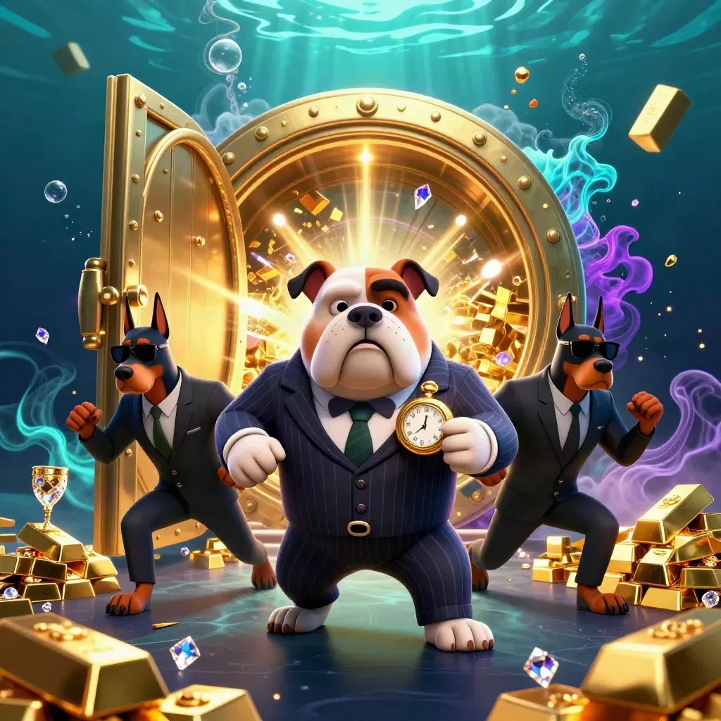 Bulldog mob boss and two Dobermans burst from a glowing treasure vault underwater.