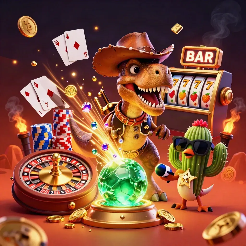 Cowboy T-Rex, cactus sidekick, and roadrunner burst through casino coins, cards, and reels.