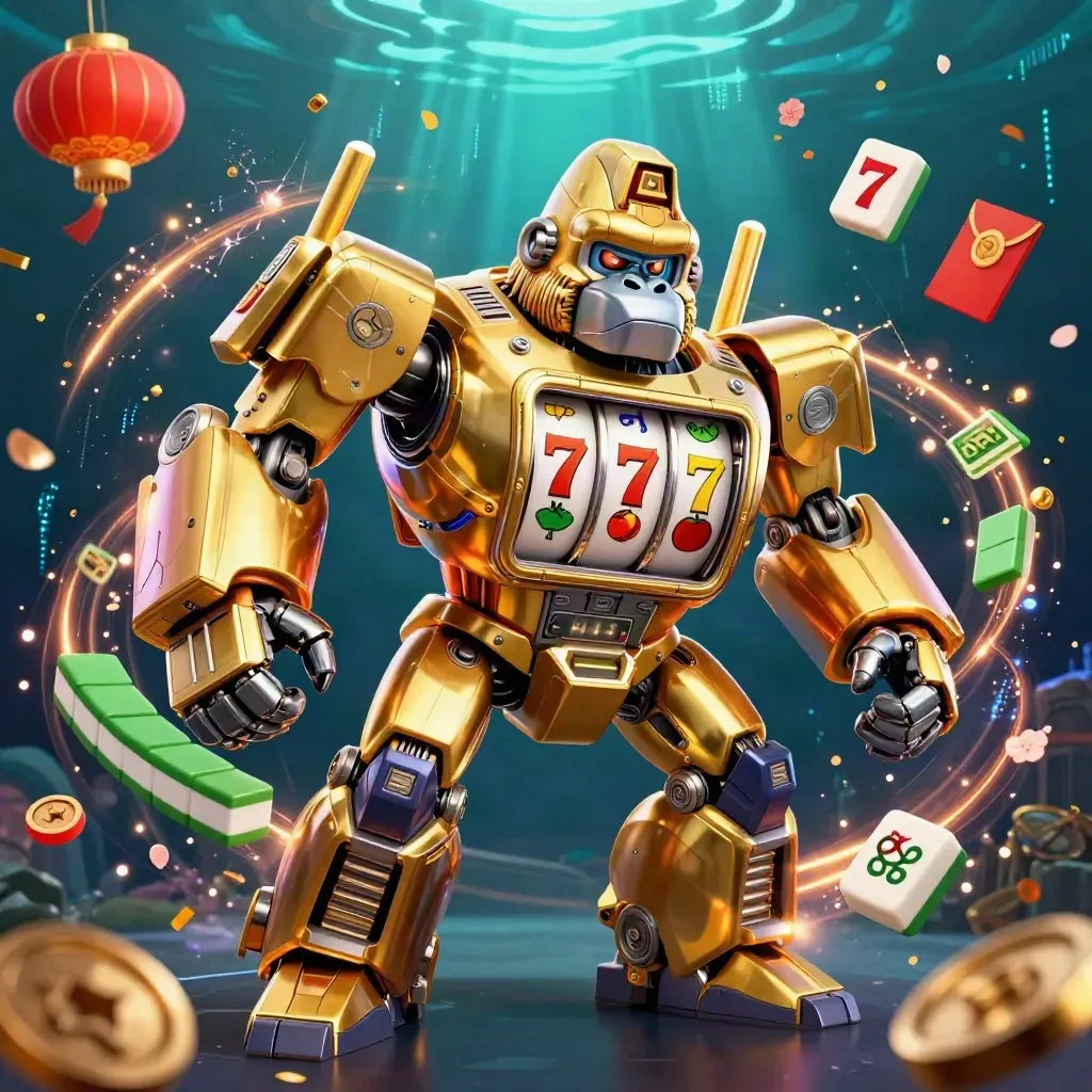 Golden gorilla slot-mech with monkey pilot, reels, coins, lanterns, and teal underwater glow.