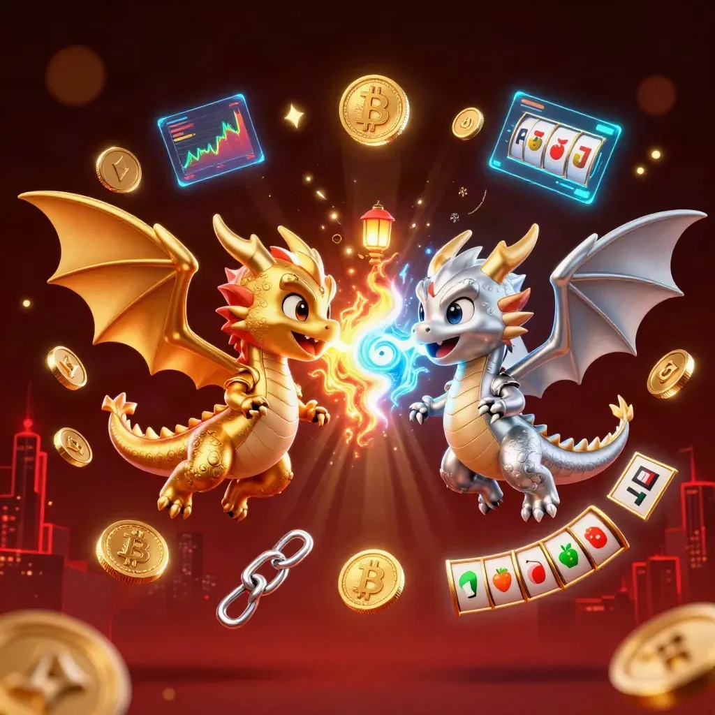 Twin gold and silver dragons spiral with coin bursts, neon effects, and a tiny lantern spirit.