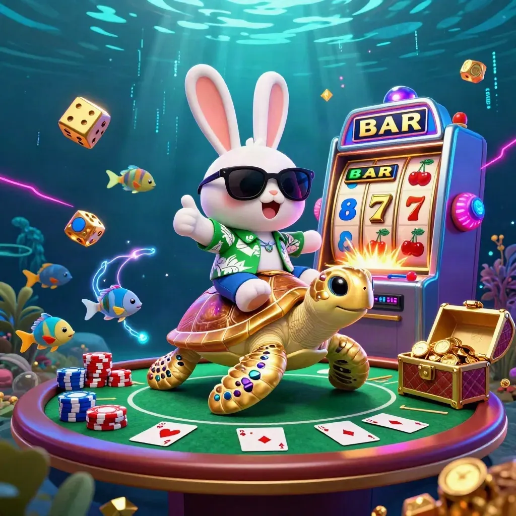 Lucky rabbit on a gold sea turtle amid poker chips, slot symbols, and treasure in neon underwater light