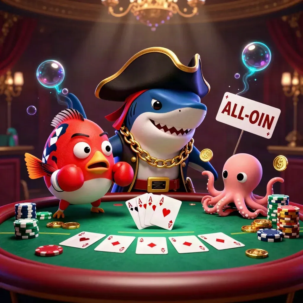 Pirate shark, boxing pufferfish, and coin-juggling octopus around a glowing poker table.