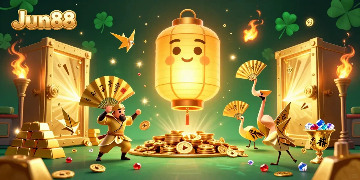 Engage in thrilling gameplay at JJun88 Casino with vibrant 3D visuals of golden treasures and lucky symbols.