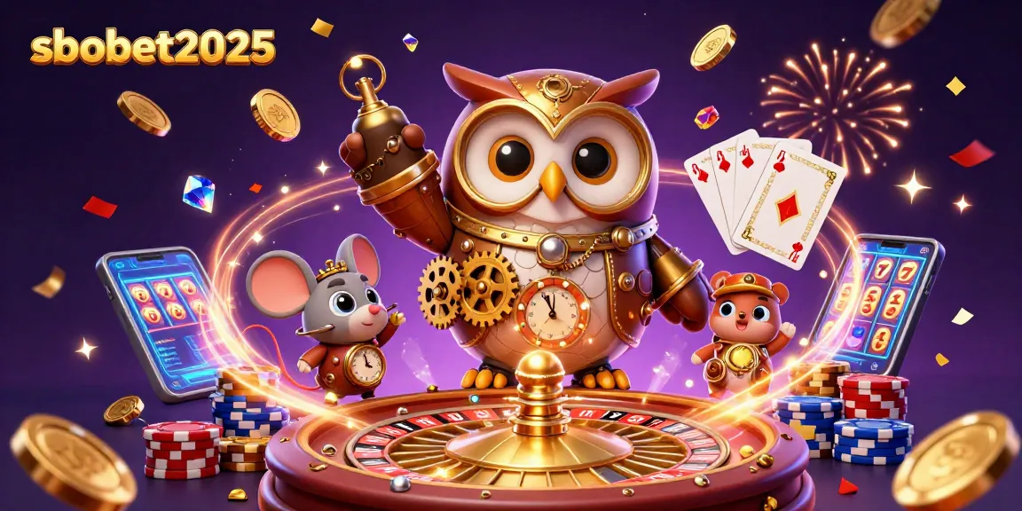 Experience sbobet2025 with a vibrant 3D cartoon casino scene including an owl and clockwork mouse.