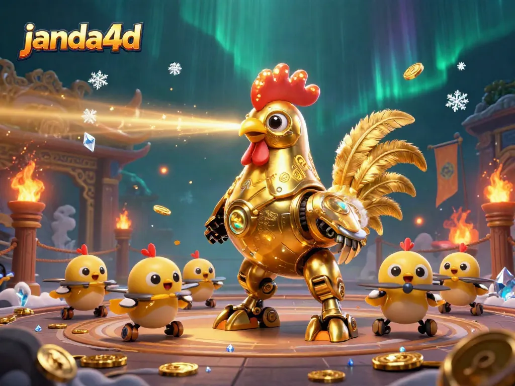 Permainan online janda4d dengan karakter robot ayam emas yang futuristik dan drone anak ayam beraksi di arena judi