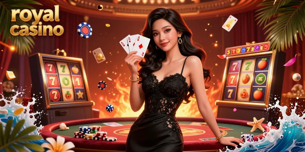 Experience thrilling gameplay at royal casino with an elegant woman holding ace cards in a vibrant scene.