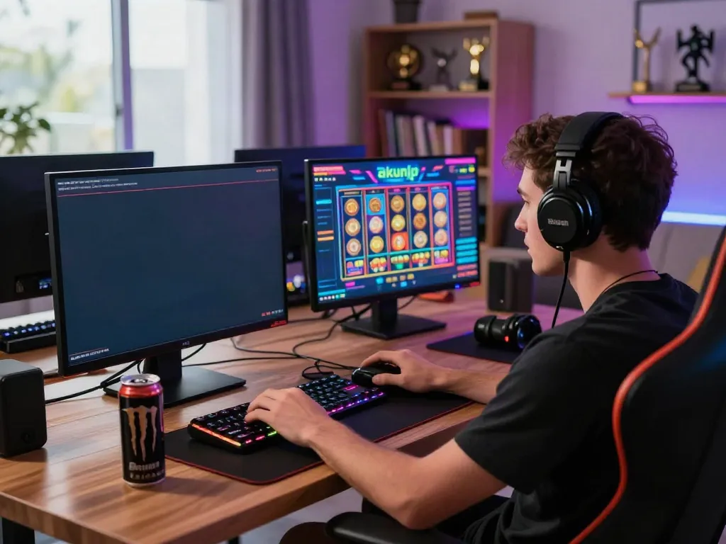 Online gaming enthusiast exploring akunjp platform on laptop in a vibrant home setting.