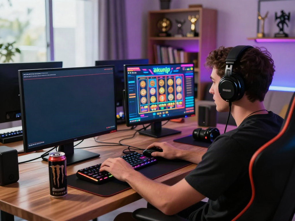 Online gaming enthusiast exploring akunjp platform on laptop in a vibrant home setting.