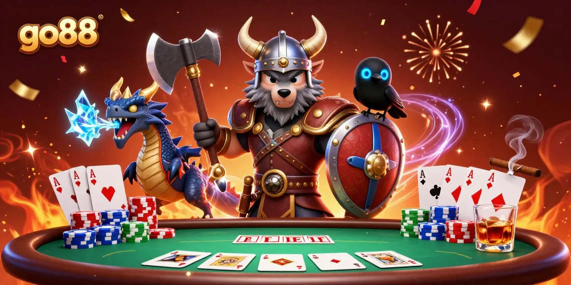 Experience the excitement of go88 with a vibrant 3D casino scene featuring a Viking warrior, dragon, and poker elements.