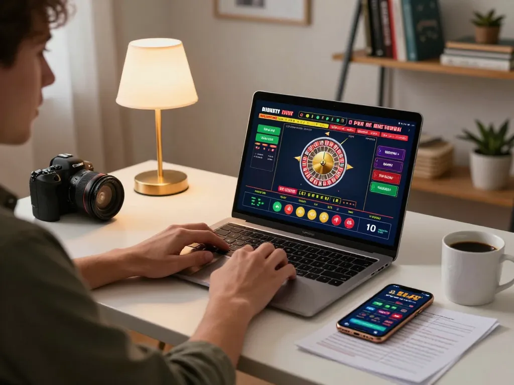 Engaged player using 3win casino platform on laptop and smartphone, showcasing strategic betting
