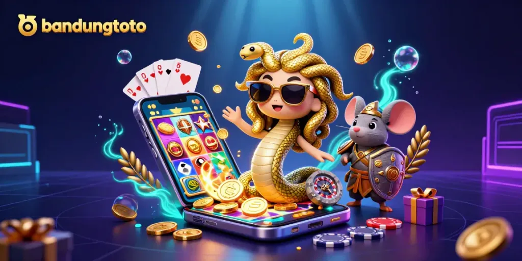 Engage with bandungtoto in a vibrant 3D illustration showcasing casino excitement with games and characters.
