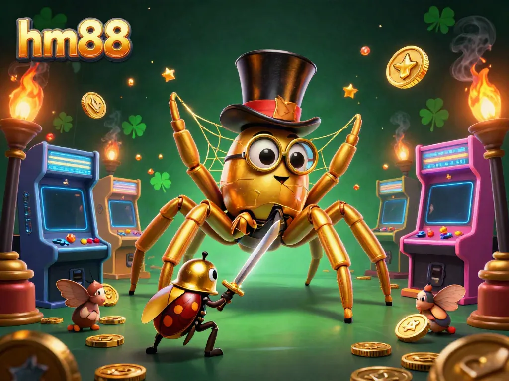 Engage with the immersive world of hm88 in a vibrant casino scene featuring a giant tarantula and beetle knight.