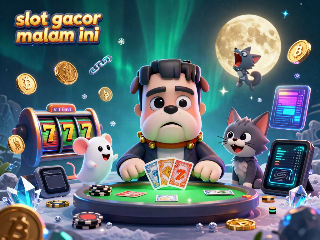 Slot gacor malam ini dalam ilustrasi 3D ceria dengan karakter kasino kartun dan tema slot yang menarik.