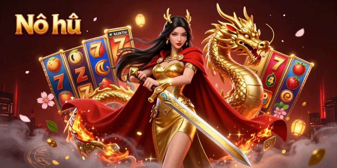 Nổ hũ celebrates victory in a vibrant casino scene featuring colorful slot elements and a majestic warrior queen.