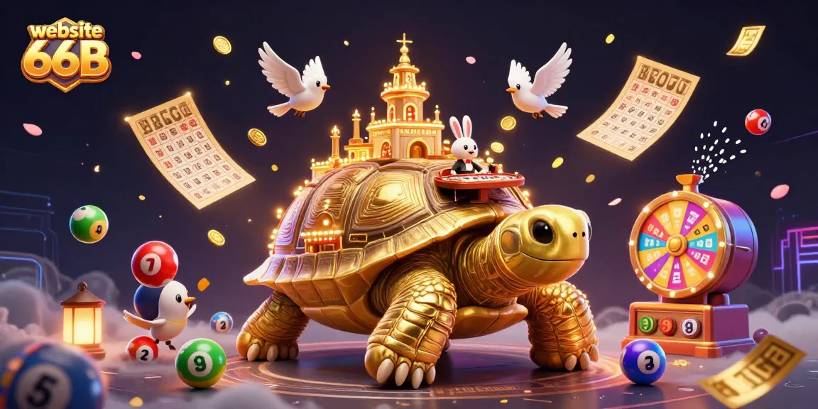 Experience the thrill of gaming at website 66B with vibrant colors, a golden tortoise, and dynamic game elements.
