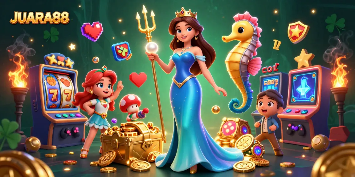 JUARA88 brings you a vibrant illustration of a magical casino world filled with slot machines, jackpots, and treasures.