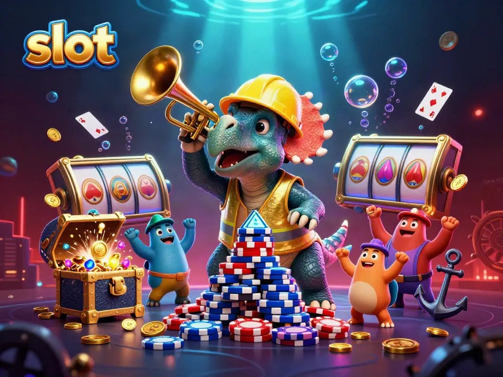Slot-themed festive scene with a triceratops celebrating while building a poker chip pyramid.