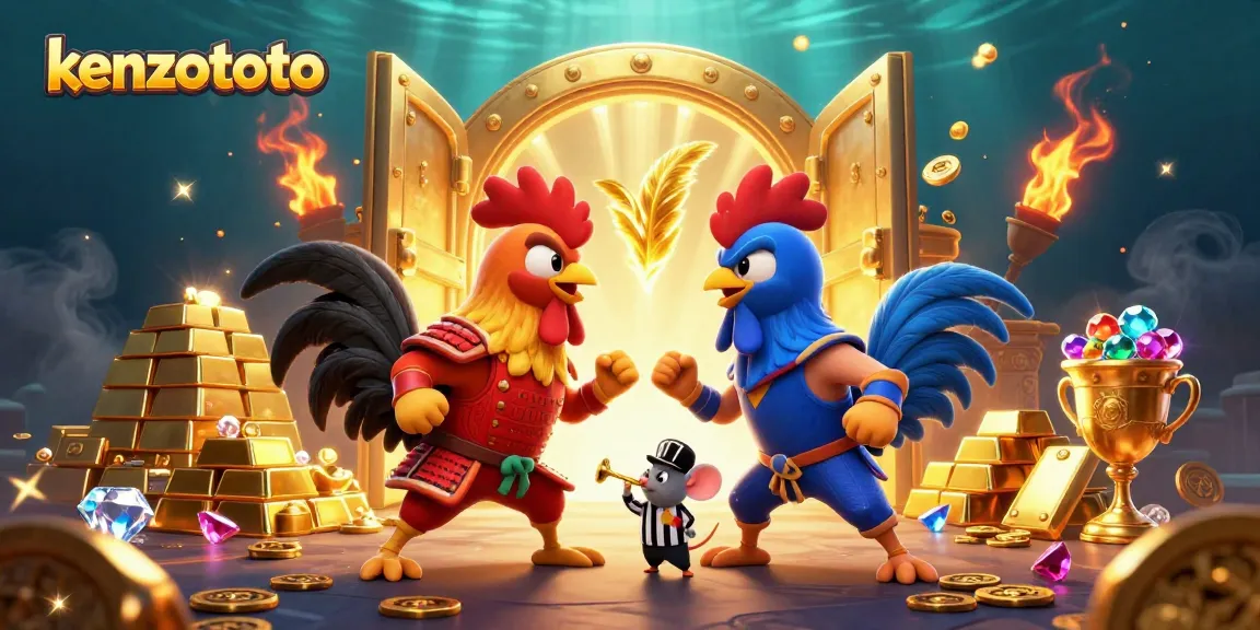 Kenzototo showcases animated roosters in a thrilling standoff, symbolizing competitive gaming excitement.