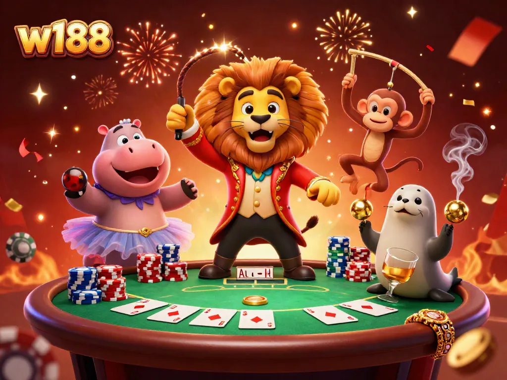 Experience the excitement of w188 with a vibrant casino scene featuring animated characters and dynamic game elements.