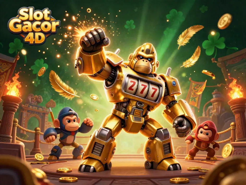 Slot Gacor 4D bergaya ilustrasi 3D menampilkan gorila emas bergerak dan elemen slot