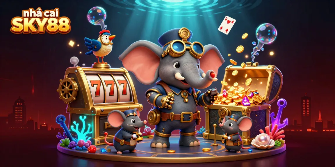 Engage with nhà cái SKY88 and experience thrilling slot adventures in a dynamic 3D casino scene.